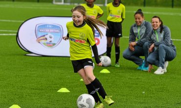 12 February 2016; Republic of Ireland Women's internationals Aine O'Gorman and Rianna Jarrett helped to launch the Sportsdirect FAI Soccer Sisters Easter camps at the FAI National Training Centre. To register visit www.fai.ie/soccersisters. SportsWorld FAI Soccer Sisters Easter Camps Launch, pictured at the launch were Aine O'Gorman and Rianna Jarrett with Leagh McEvoy, age 11, from St. Patrick's S.N.S., Corduff, Blanchardstown, Dublin 15. FAI National Training Centre, Abbotstown, Dublin. Picture credit: David Maher / SPORTSFILE *** NO REPRODUCTION FEE ***