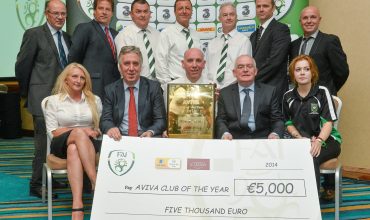 25 July 2014; John Delaney, FAI Chief Executive, with Mark Russell, Aviva, and Paul Martyn, FAI Grassroots Educational Development officer, and members of Trim Celtic AFC,  who won the Aviva club of the year award. FAI Communications Awards 2014, Radisson Blu Hotel, Athlone, Co. Westmeath. Picture credit: David Maher / SPORTSFILE
