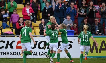 5 April 2014; Stephanie Roche, second from left, Republic of Ireland, celebrates with her team-mates after scoring her sides second goal to level the match. FIFA Women's World Cup Qualifier, Republic of Ireland v Germany, Tallaght Stadium, Tallaght, Co. Dublin. Picture credit: Barry Cregg / SPORTSFILE